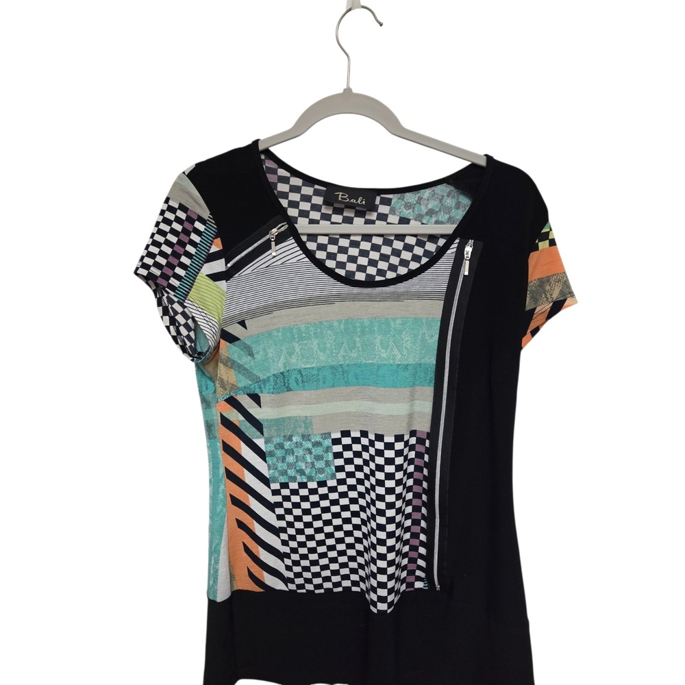 Vintage‎ 90s Bali Geometric Print Top Zipper Accent Short Sleeve Blouse